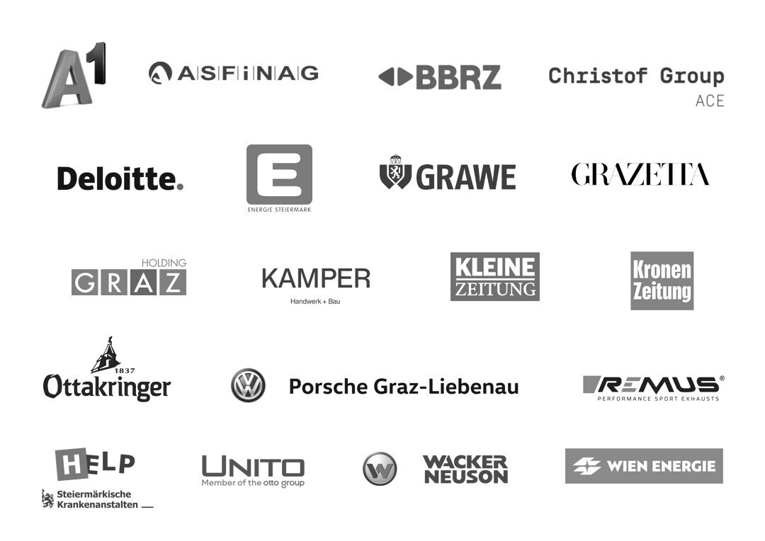 A1 Telekom Austria AG, ASFINAG, BBRZ, ACE Apparatebau construction & engineering GmbH, Deloitte Styria GmbH Wirtschaftsprüfungs- und Steuerberatungsgesellschaft, Energie Steiermark AG, Grazer Wechselseitige Versicherung, Grazetta GmbH, Holding Graz, KAMPER Handwerk+Bau GmbH, Kleine Zeitung GmbH & Co KG, Krone Verlag GmbH und Co KG, Ottakringer Brauerei GmbH, Porsche Graz-Liebenau, Remus Innovation GmbH, Stmk. Krankenanstaltengesellschaft m.b.H. LKH Weststeiermark, UNITO Versand und Dienstleistungen GmbH, Wacker Neuson GmbH, Wien Energie GmbH, ...