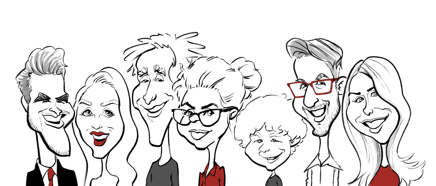 Das Bild zeigt die  GREX-Schnell-Karikaturen von sieben Personen – drei Frauen, drei Männer und ein Kind – nebeneinander.